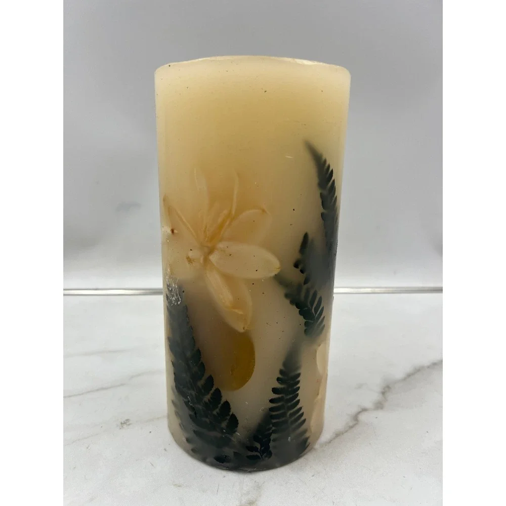 Pottery Barn Botanical Pillar Candle 4x8 Pressed Flower Fern Unscented Cream